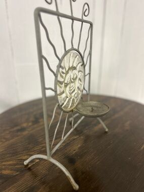 Metal Sun Face Candle Holder — Silver Finish an Glass Sun - Celestial Iron